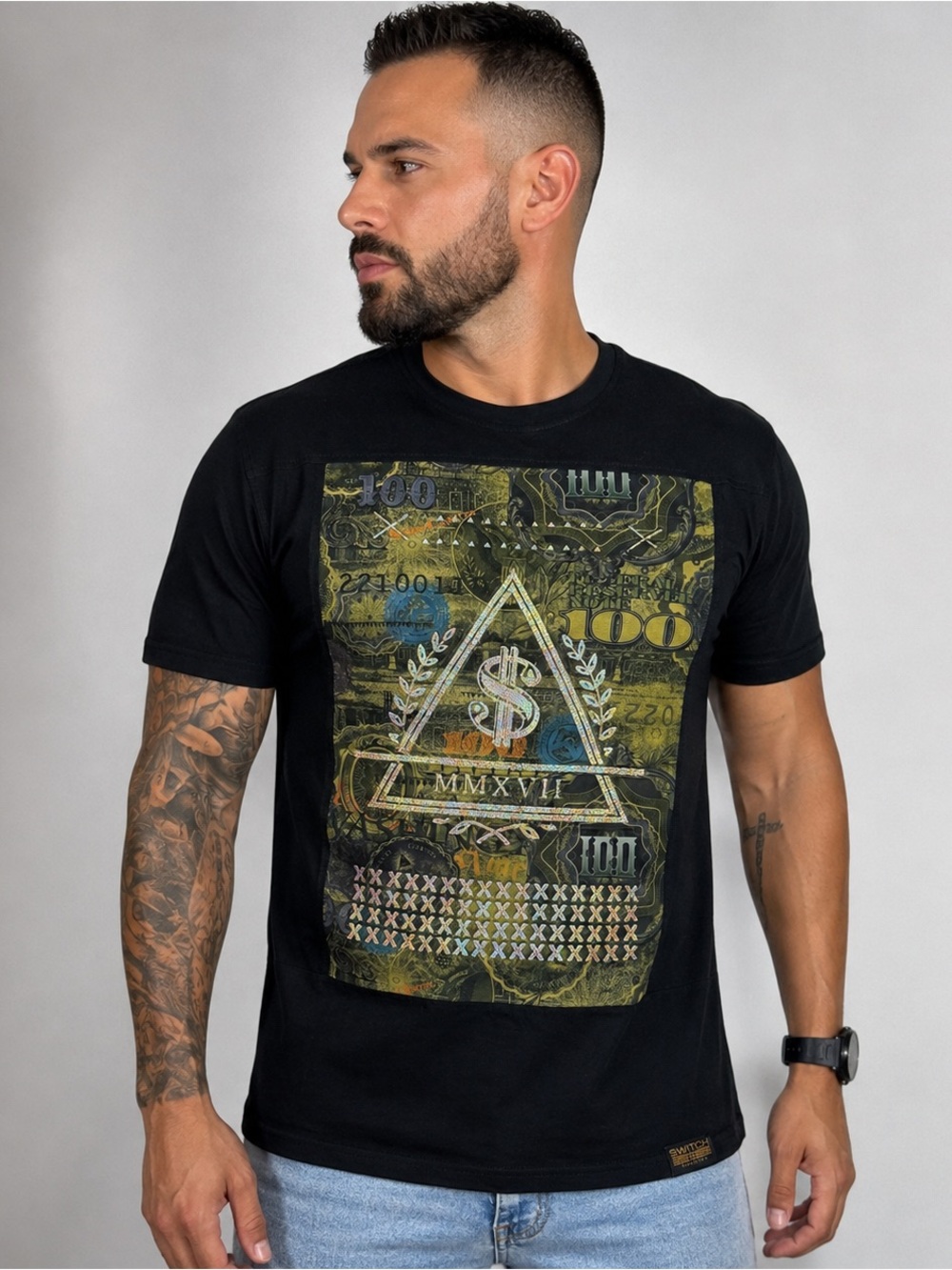 Men's Black Graphic Money Print Crewneck T-Shirt